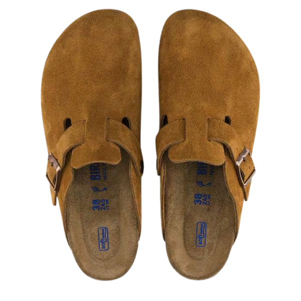 The Birkenstock Men's Boston Soft Footbed Mink clogs by BIRKENSTOCK feature brown suede, buckled straps, and a soft footbed, shown from above on a white background.