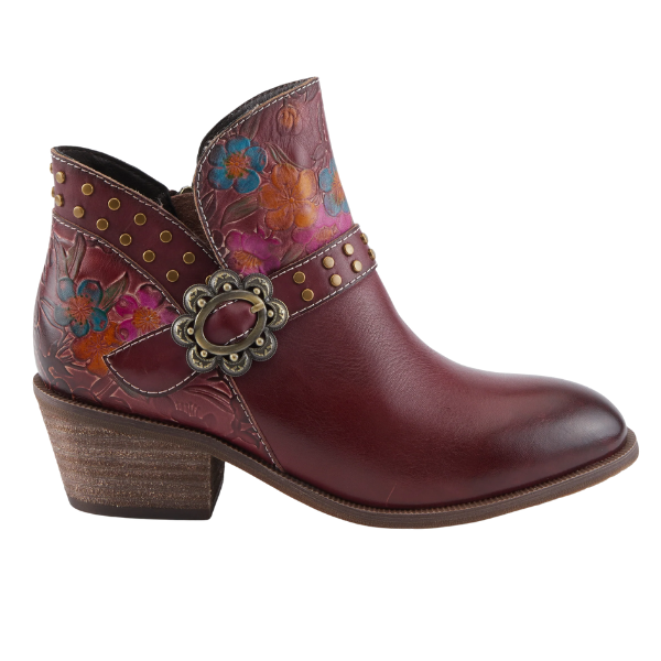The SPRING STEP Spring Step Women's Daintylady Boot Bordeaux features burgundy leather, a chunky heel, floral embossed patterns, brass studs, and a buckle strap—perfect for adding flair to your look.