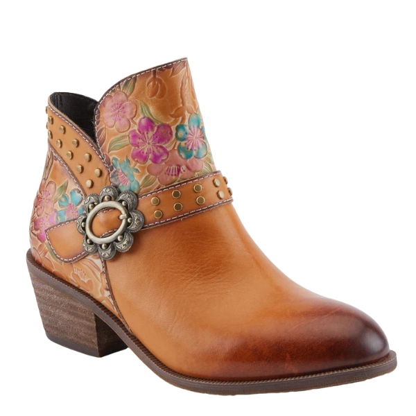 Discover the unique style of SPRING STEP's Daintylady Boot Camel—a tan leather western boot featuring pink and turquoise embossed floral patterns, gold studs, a chunky heel, and a decorative silver buckle.