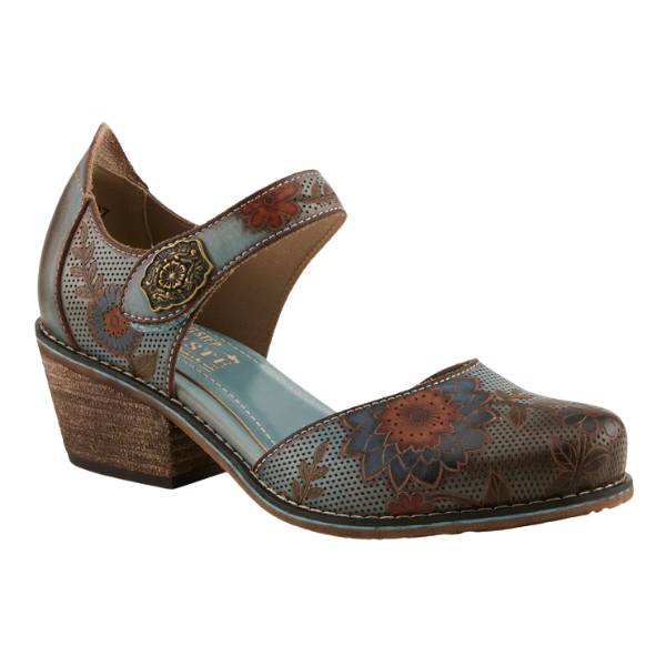 The SPRING STEP Spring Step Women's Cabracho Blue Multi features a floral Mary Jane design in blue tones, with a decorative strap, gold button, perforated accents, and a stacked wooden heel for elegant comfort.