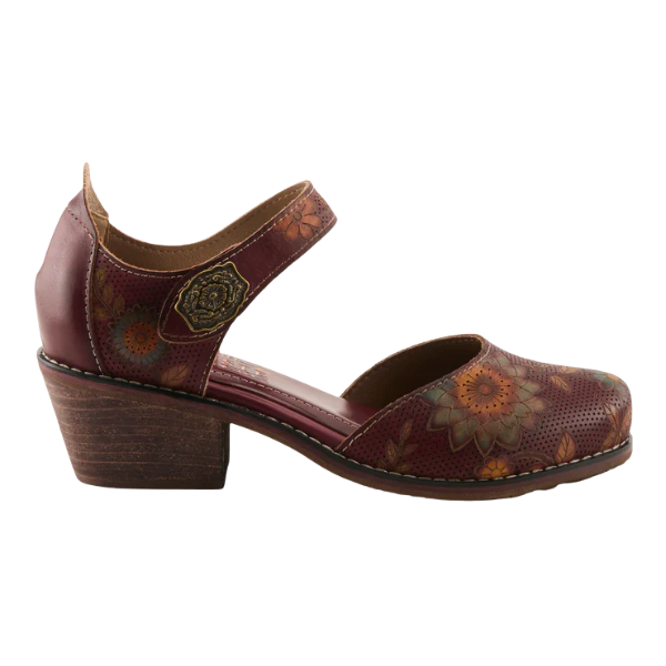 The SPRING STEP Spring Step Women's Cabracho Bordeaux is a floral Mary Jane shoe with a maroon and brown pattern, closed toe, ankle strap with decorative metal button, and sturdy wooden block heel.