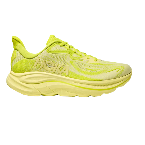 The HOKA Men's Clifton 10 Wide Neon Citrus features a bright yellow textured upper, thick cushioned sole ideal for plantar fasciitis, and embossed HOKA logo on the side, shown on a white background.