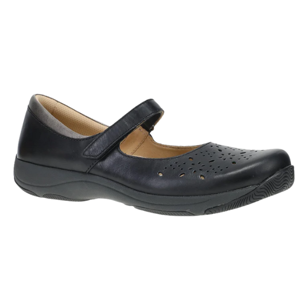 The DANSKO Dankso Women's Stacy Black features a perforated toe, Velcro strap, and textured rubber sole—ideal for women wanting comfortable or slip-resistant shoes.