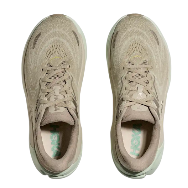 Top view of HOKA Women's Arahi 8 Oyster Mushroom stability running shoes with light soles and visible HOKA branding, side by side on a white background—ideal for comfort and support.