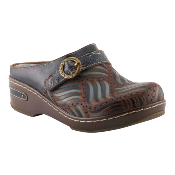 The SPRING STEP Women's Sova Black clog features a chunky heel, wavy patterns, side buckle, and signature comfort.