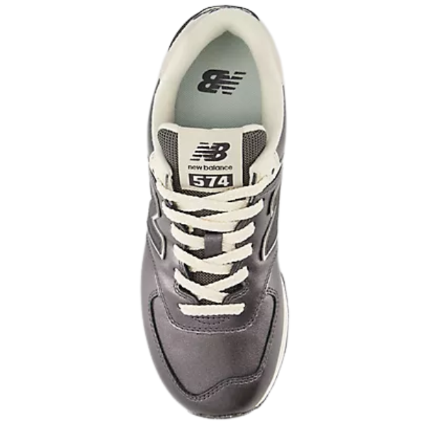 Top view of a New Balance Women's 574 Bronze/Metallic sneaker with white laces and interior.