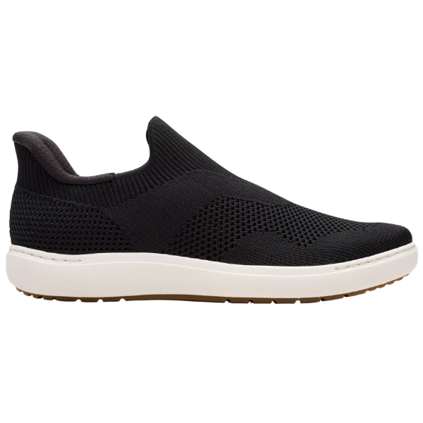 CLARKS Women's Nalle Step Black slip-on sneaker with white sole and breathable knit upper, shown from the side.
