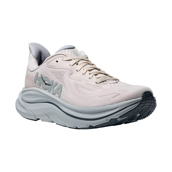 HOKA Women's Clifton 10 Wide Grout/Blue running shoes with thick gray sole shown angled on a white background.