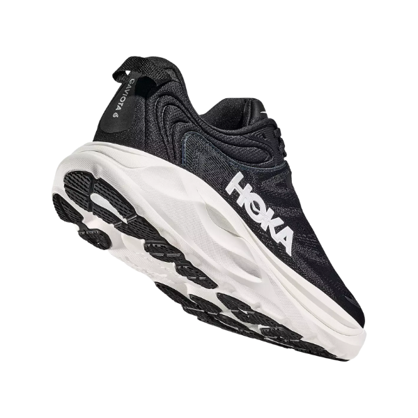 HOKA Women's Gaviota 6 Black/White stability shoe with a thick white sole, shown from a low side angle on white.