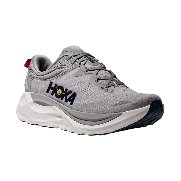 HOKA Men's Gaviota 6 Wide in Stellar Grey features a thick white sole, black logo, and red heel detail.