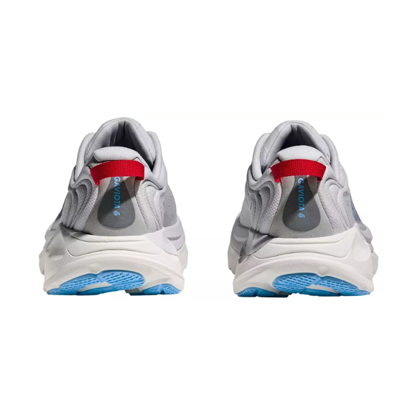 Back view of HOKA Women's Gaviota 6 Wide Cosmic Grey running shoes with red and blue accents and blue tread.