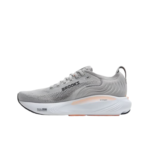 The BROOKS Women's Adrenaline GTS 25 Wide in Grey/Pink, ideal for plantar fasciitis, is shown in profile.