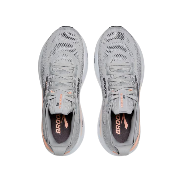 A pair of Brooks Women's Adrenaline GTS 25 Wide running shoes in grey/pink, viewed from above on a white background.