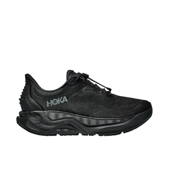 HOKA Women's Arahi SR Wide in Black/Black: mesh upper, cushioned sole, HOKA logo, stability shoe.