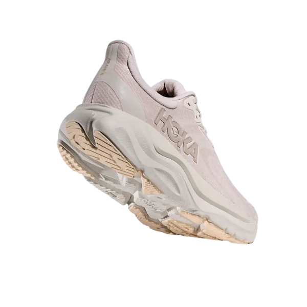 The HOKA Men's Arahi 8 Grout/Putty Wide stability shoe, shown back and side view, on a white background.