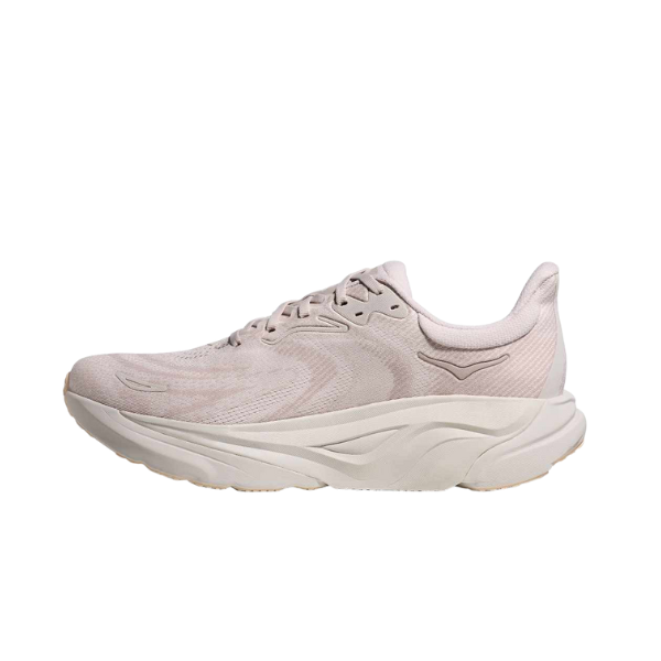 The HOKA Men's Arahi 8 Grout/Putty Wide, a light beige stability shoe with H-Frame tech, shown from the side.