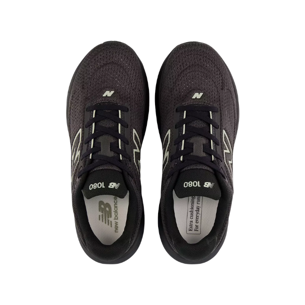 A pair of New Balance Women's 1080v15 Wide black running shoes with enhanced cushioning, top view on white.