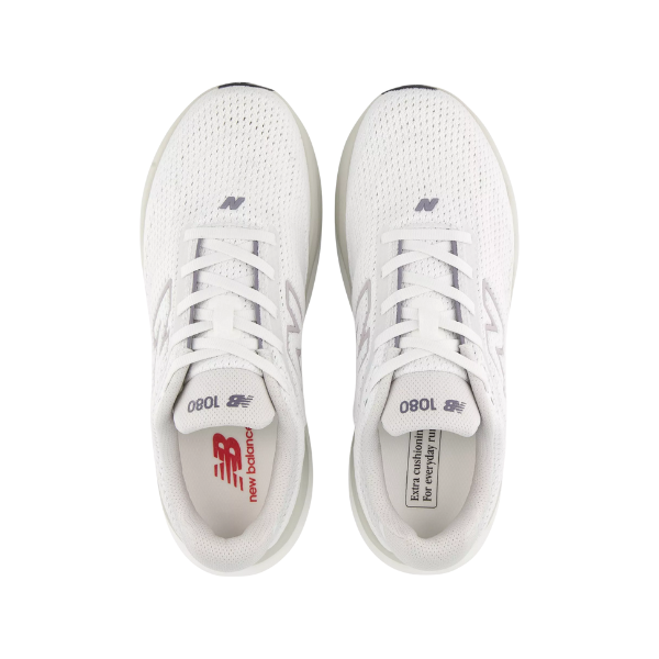 Top view of New Balance Men's 1080v15 Wide White/White running shoes with mesh uppers and gray accents.