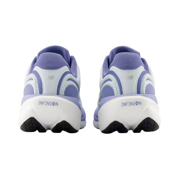 Rear view of New Balance Women's 1080v15 Wide Blue/White running shoe with INFINI9N text on the heel.