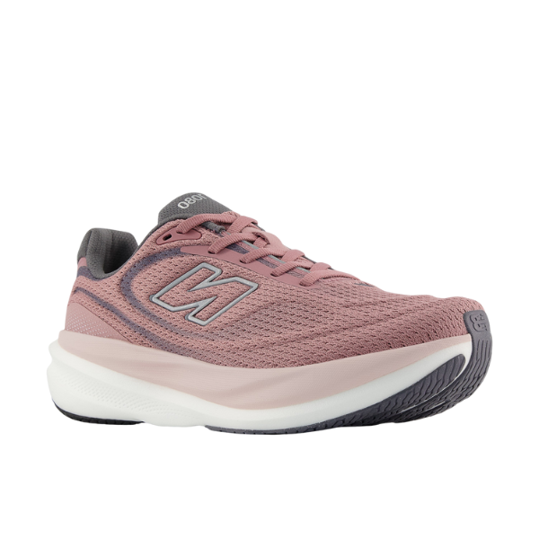 The New Balance Women's 1080v15 in rose/white features a mesh upper, gray accents, and a cushioned white sole.