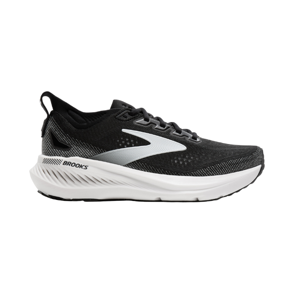 BROOKS Men's Glycerin GTS 23 Wide in Black/White with a silver logo, shown side view.