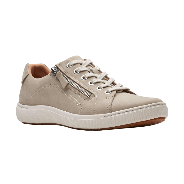 CLARKS Women's Nalle Lace Stone Nubuck shoe with white sole, side zipper, laces, and Contour Cushion footbed shown.
