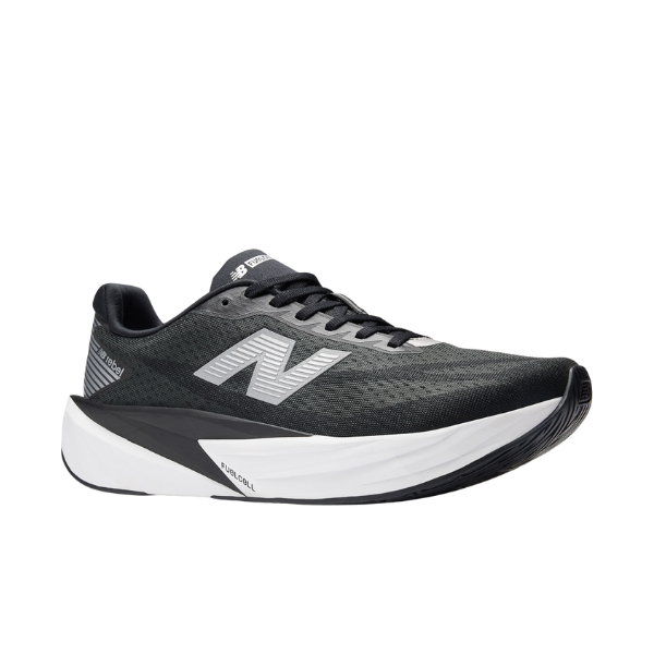 NEW BALANCE Men's Rebel v5 Black/White running shoe with mesh upper and cushioned sole, side view.