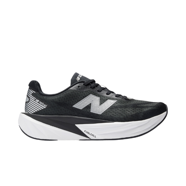 NEW BALANCE Men's Rebel v5 in black/white features a thick sole, mesh upper, and side logo.