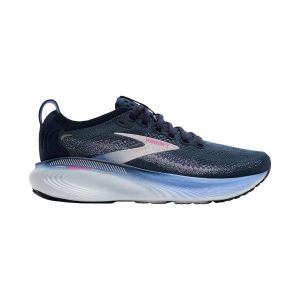 BROOKS Adrenaline GTS 25 Women's Navy/Pink running shoes with mesh upper, great for plantar fasciitis, side view.