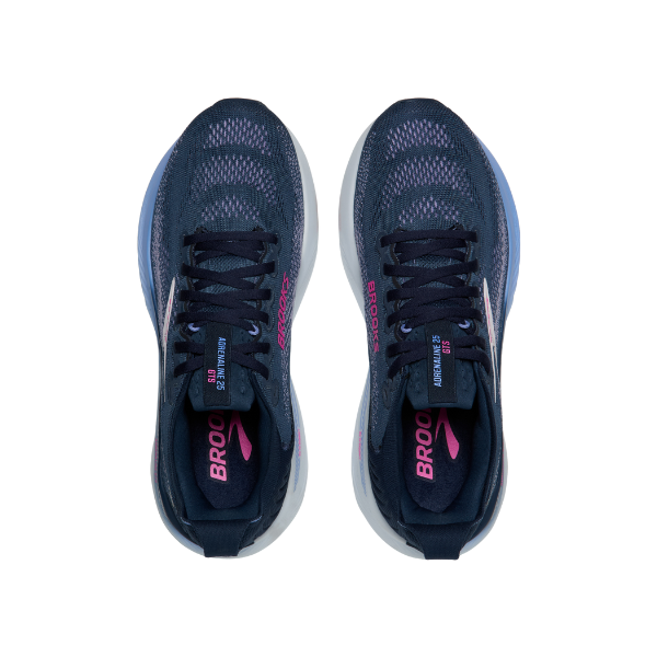 A pair of BROOKS Women's Adrenaline GTS 25 Navy/Pink running shoes, viewed from above.