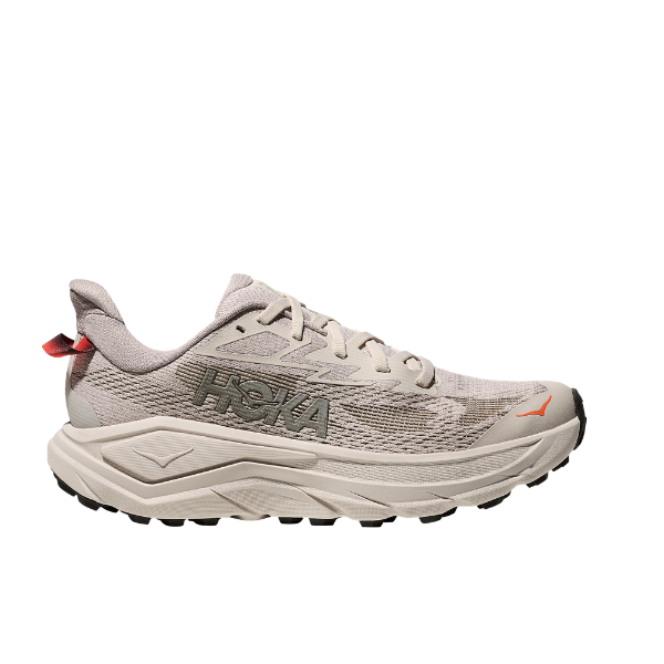 The HOKA Women's Challenger 8 in Stucco/Asphalt features a mesh upper, black sole, and red heel and toe accents.