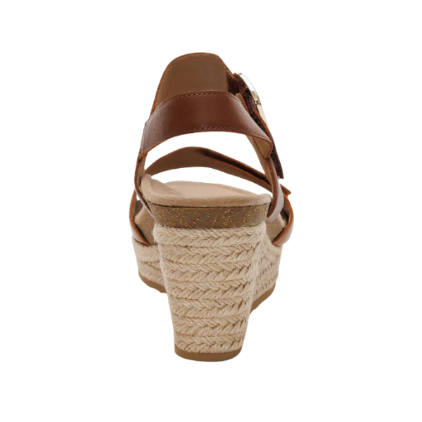 AETREX Women's Ashley Coffee Multi wedge sandal with braided rope heel and arch support, rear view on white.