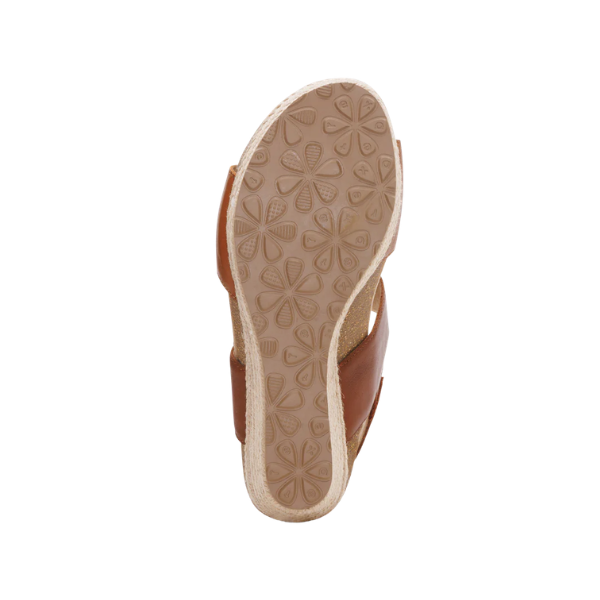 AETREX Aetrex Women's Ashley Coffee Multi sandal with arch support and patterned tan sole, shown from the bottom.