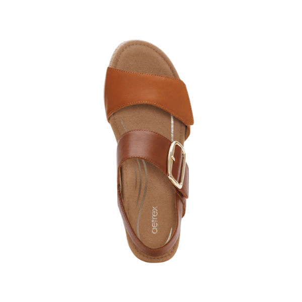 Aetrex Women's Ashley Coffee Multi sandal by AETREX features a buckle, arch support, and cushioned insole for comfort.