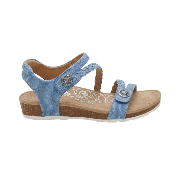 AETREX Women's Jillian Denim sandals feature a cork sole, floral insole, and buttons—stylish and comfortable.
