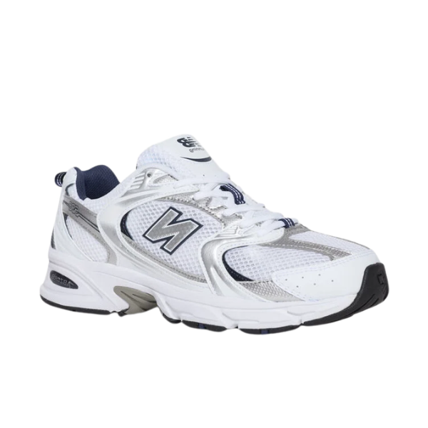 NEW BALANCE Unisex 530 White/Grey shoes with mesh panels, dark sole, and bold N logo for foot pain relief.