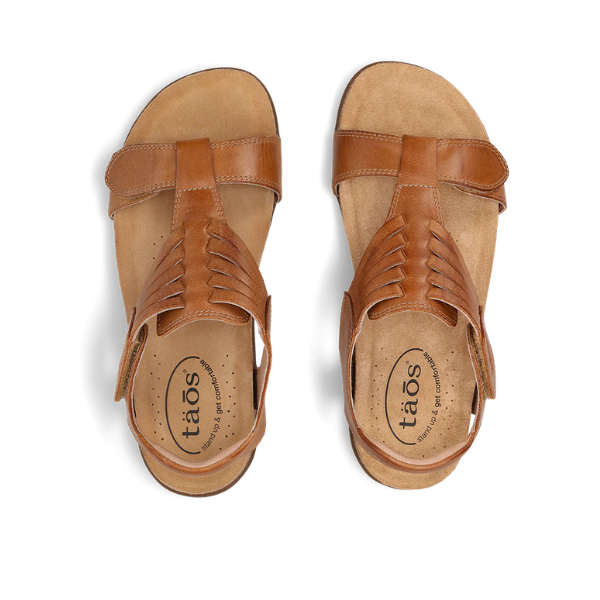 A pair of TAOS Women's Wonderful Caramel sandals, seen from above on a white background.