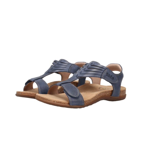The TAOS Taos Women's Wonderful Dark Blue sandals feature woven leather straps and tan cushioned soles.