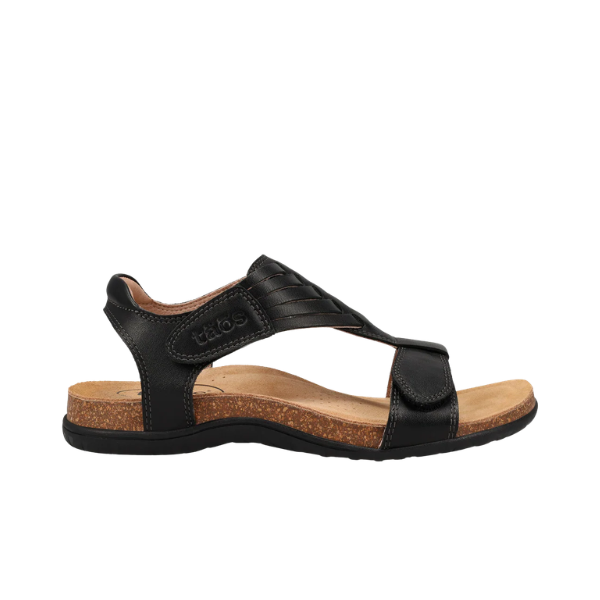 TAOS Taos Women's Wonderful Black sandal with Italian leather upper, cork-latex midsole, and adjustable straps shown side view.