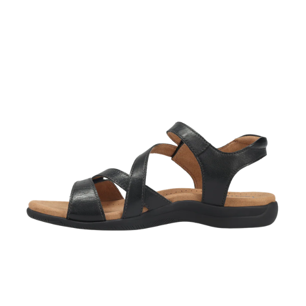 The TAOS Women's Big Time Black sandal features a SOFT SUPPORT footbed, low heel, and adjustable hook and loop closures.