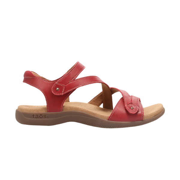 TAOS Big Time Red women's sandal with SOFT SUPPORT footbed, cushioned sole, and Velcro closures for comfort.