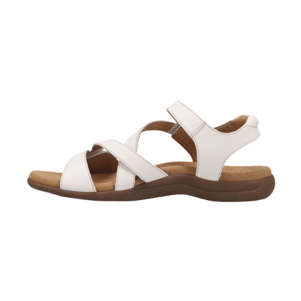 TAOS Taos Women's Big Time White sandal with SOFT SUPPORT footbed, ankle strap, and low brown sole for comfy walks.