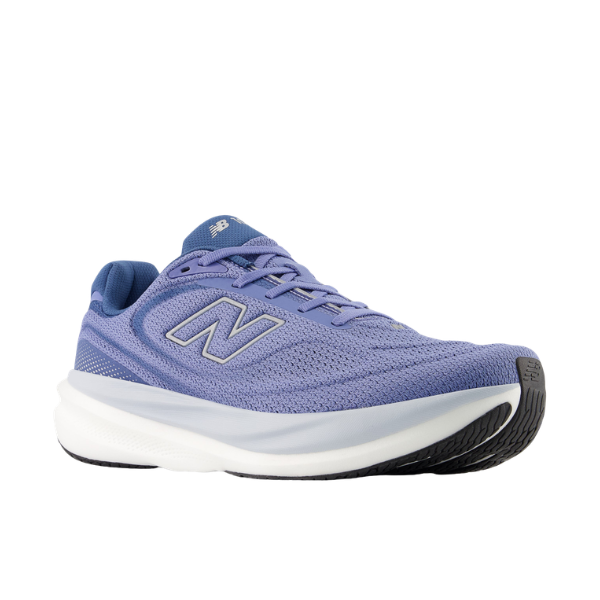 A blue/white New Balance Men's 1080V15 Wide running shoe with a cushioned sole, mesh upper, and black tread, front-side.