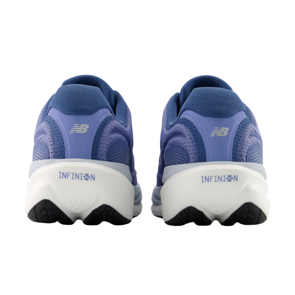 Rear view of blue/white New Balance Men's 1080V15 Wide running shoe with INFINION text on cushioned white soles.