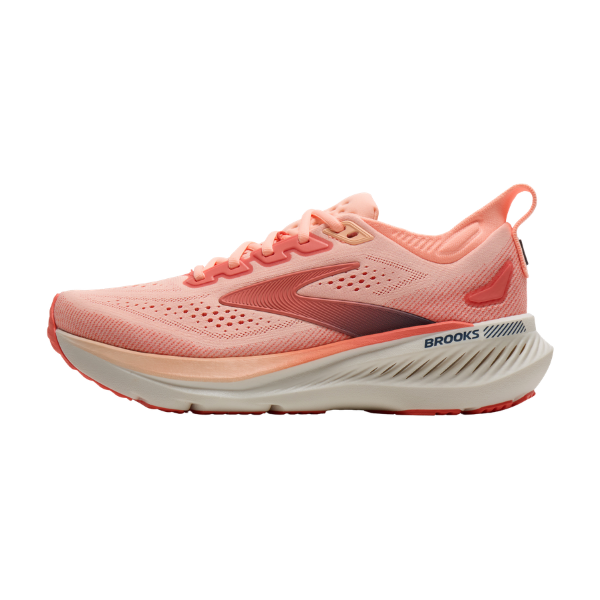 Brooks Women's Glycerin GTS 23 Coral/Peach running shoe with mesh upper and structured support, by BROOKS.