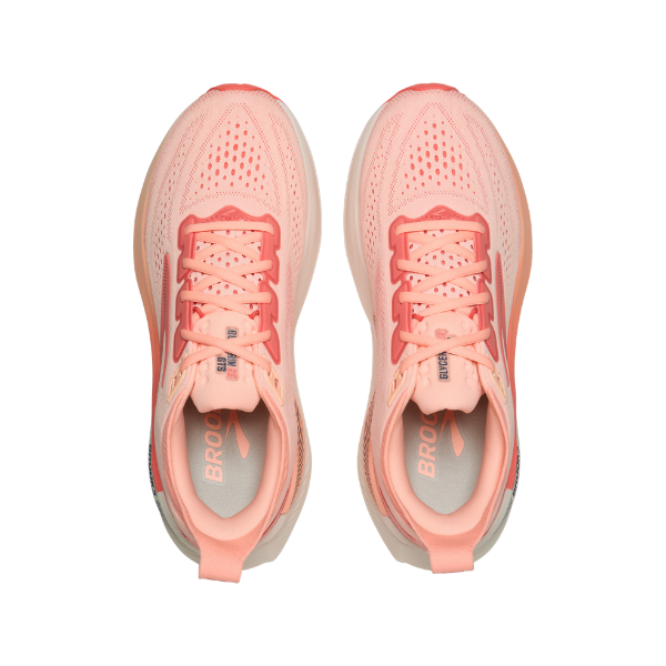 Top view of BROOKS Women's Glycerin GTS 23 Coral/Peach running shoes with peach laces, side by side.