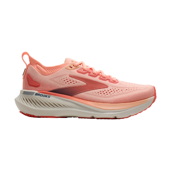 The Brooks Women's Glycerin GTS 23 in Coral/Peach offers structured support and a white sole for runners.