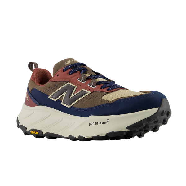 The NEW BALANCE Men's Hierro Trek in Brown/Black features a chunky white sole and multicolored trail-ready design.
