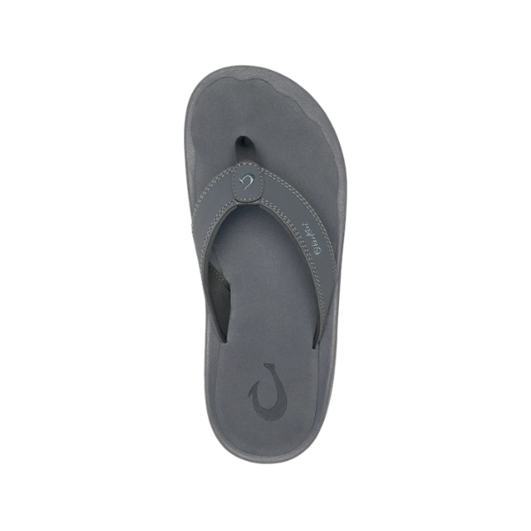 OLUKAI Men's Ohana Grey beach sandal with curved logo and visible stitching, top view on white background.
