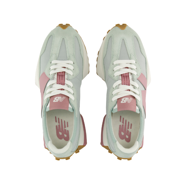 Top view of New Balance Women's 327 Green/Rose sneakers with white laces and gum soles.